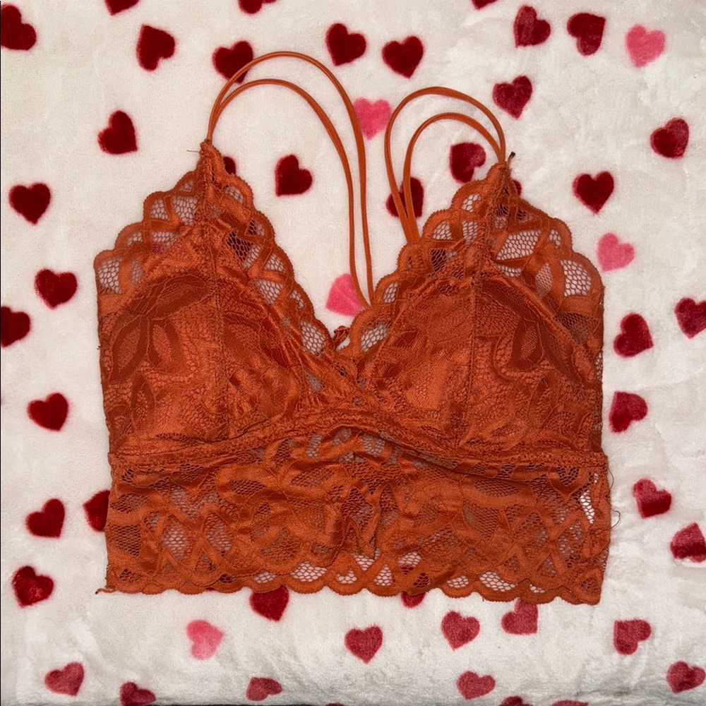 Rue21 Burnt Orange Bralette with Lace Trim and Deep V-Neckline